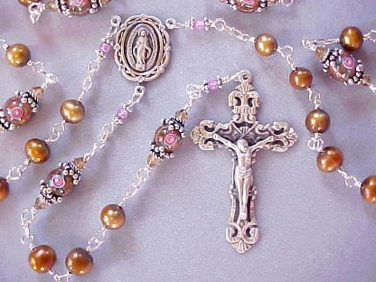 handmade sterling silver wire wrapped bronze freshwater pearl rosary with lampworked glass handmade sterling silver wire wrapped bronze freshwater pearl rosary with lampworked glass
