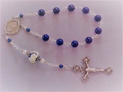 sterling silver wire wrapped 1 decade rosary with lapis lazuli and cameo rose sterling silver wire wrapped 1 decade rosary with lapis lazuli and cameo rose