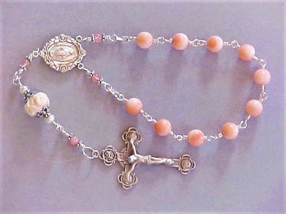 Handmade sterling silver wire wrapped single decade rosary with angelskin coral and rose cameo Handmade sterling silver wire wrapped single decade rosary with angelskin coral and rose cameo
