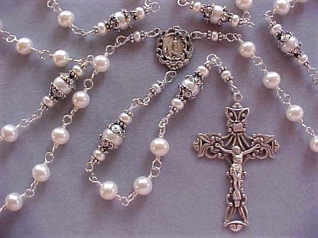 Sterling Silver wire wrapped rosary with round freshwater culture cultured pearls 