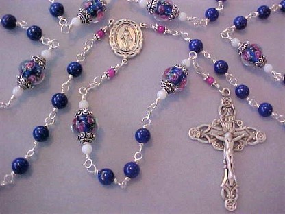 Sterling Silver wire wrapped Lapis Lazuli &Floral Our Father Rosary