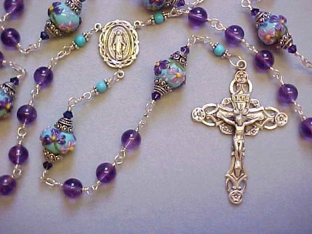 Sterling silver wire wrapped rosary with 8mm Amethyst and Grace Lampwork
