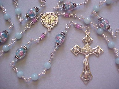 Semiprecious Amazonite gemstone rosary with floral glass beads, all sterling silver construction, crucifix and medal Semiprecious Amazonite gemstone rosary with floral glass beads, all sterling silver construction, crucifix and medal