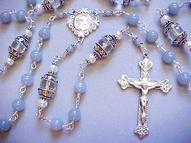 handmade sterling silver wire wrapped rosary with angelite gemstone, rock crystal gemstone and button pearls handmade sterling silver wire wrapped rosary with angelite gemstone, rock crystal gemstone and button pearls