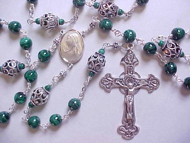 Malachite rosary with cut out sterling silver beads, sterling silver Celtic crucifix and medal, all sterling silver wire wrapped construction