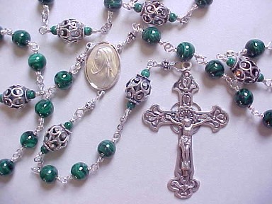 Malachite rosary with cut out sterling silver beads, sterling silver Celtic crucifix and medal, all sterling silver wire wrapped construction Malachite rosary with cut out sterling silver beads, sterling silver Celtic crucifix and medal, all sterling silver wire wrapped construction