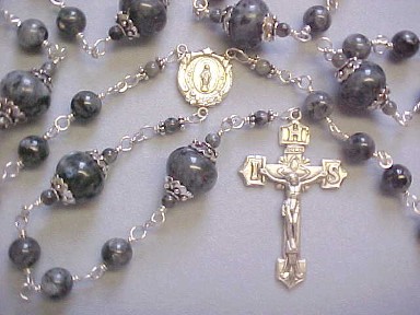 handmade sterling silver wire wrapped rosary with Larvikite gemstone handmade sterling silver wire wrapped rosary with Larvikite gemstone