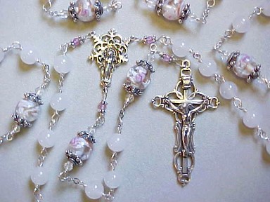 Snow White Quartz gemstone rosary with lampworked glass, all sterling silver wire wrapped construction, sterling silver crucifix and Our Lady of the Snows center medal