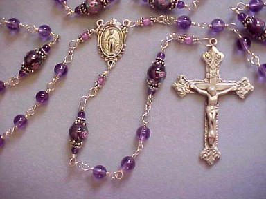 Amethyst and floral glass sterling wire wrapped rosary Amethyst and floral glass sterling wire wrapped rosary
