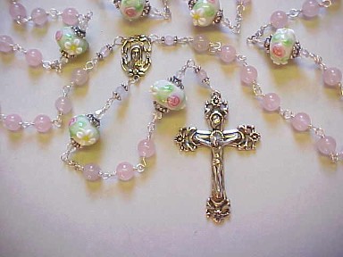 Rose Quartz gemstone rosary with floral hand decorated glass with roses and daisies, sterling silver crucifix, center, all sterling wire wrapped construction