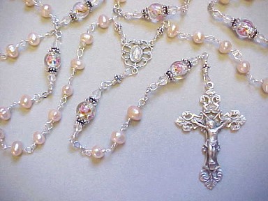 handmade wire wrapped sterling silver rosary with peach freshwater pearls and lampworked glass handmade wire wrapped sterling silver rosary with peach freshwater pearls and lampworked glass