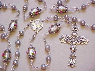 sterling silver wire wrapped rosary with silver freshwater pearls, lampworked glass and deluxe sterling silver crucifix and center