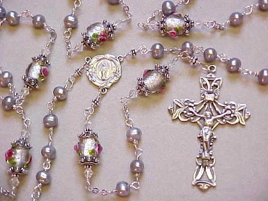 sterling silver wire wrapped rosary with silver freshwater pearls, lampworked glass and deluxe sterling silver crucifix and center sterling silver wire wrapped rosary with silver freshwater pearls, lampworked glass and deluxe sterling silver crucifix and center