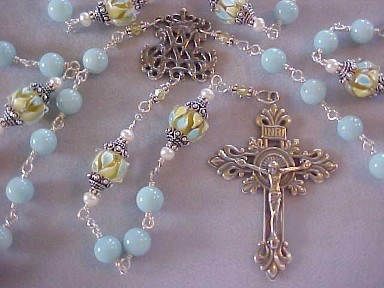 handmade sterling silver wire wrapped rosary with amazonite gemstone, lampwork glass drums and hand cast crucifix and center handmade sterling silver wire wrapped rosary with amazonite gemstone, lampwork glass drums and hand cast crucifix and center