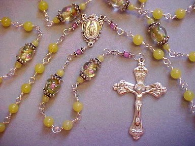handmade sterling silver wire wrapped rosary with Peridot jade and lampworked glass handmade sterling silver wire wrapped rosary with Peridot jade and lampworked glass