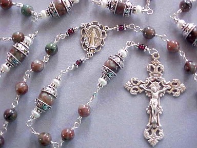 handmade sterling silver wire wrapped rosary with Kashgar garnet, button pearls and deluxe sterling silver crucifix and center handmade sterling silver wire wrapped rosary with Kashgar garnet, button pearls and deluxe sterling silver crucifix and center