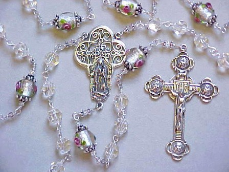Semiprecious Amazonite gemstone rosary with floral glass beads, all sterling silver construction, crucifix and medal Semiprecious Amazonite gemstone rosary with floral glass beads, all sterling silver construction, crucifix and medal